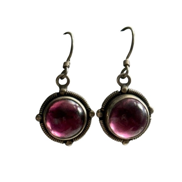 Sterling Jewelry - Vintage 925 Sterling Silver Red Cabochon Drop Earrings Garnet Look